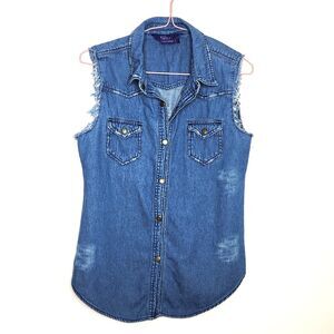 Miley Cyrus Denim Vest Distressed Sz. S Grunge Frayed Med. Wash Sleeveless